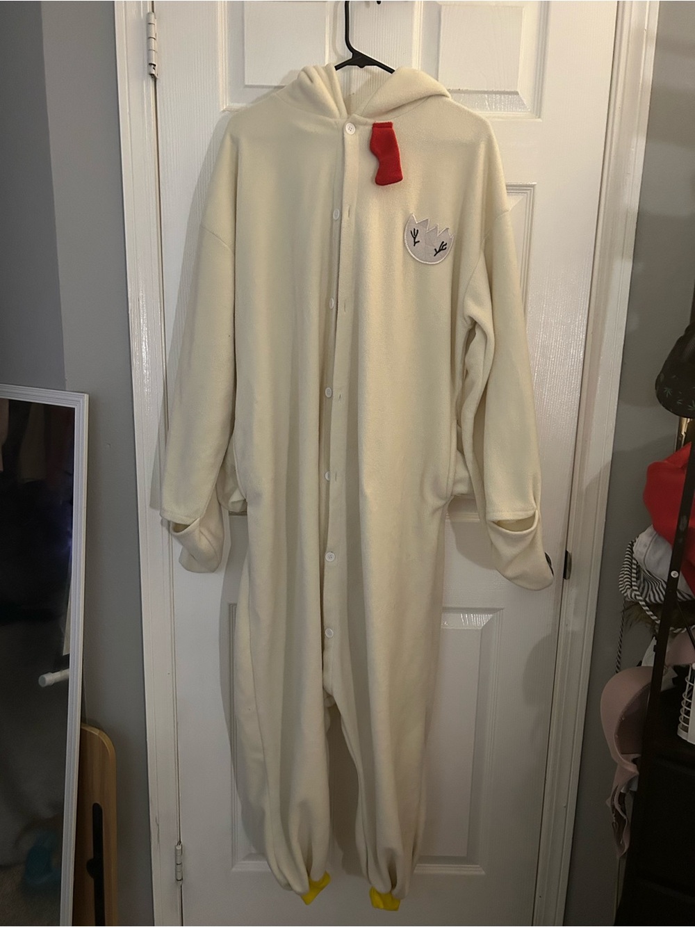 Cream Hooded One-Piece Pajama Romper with Red Accent